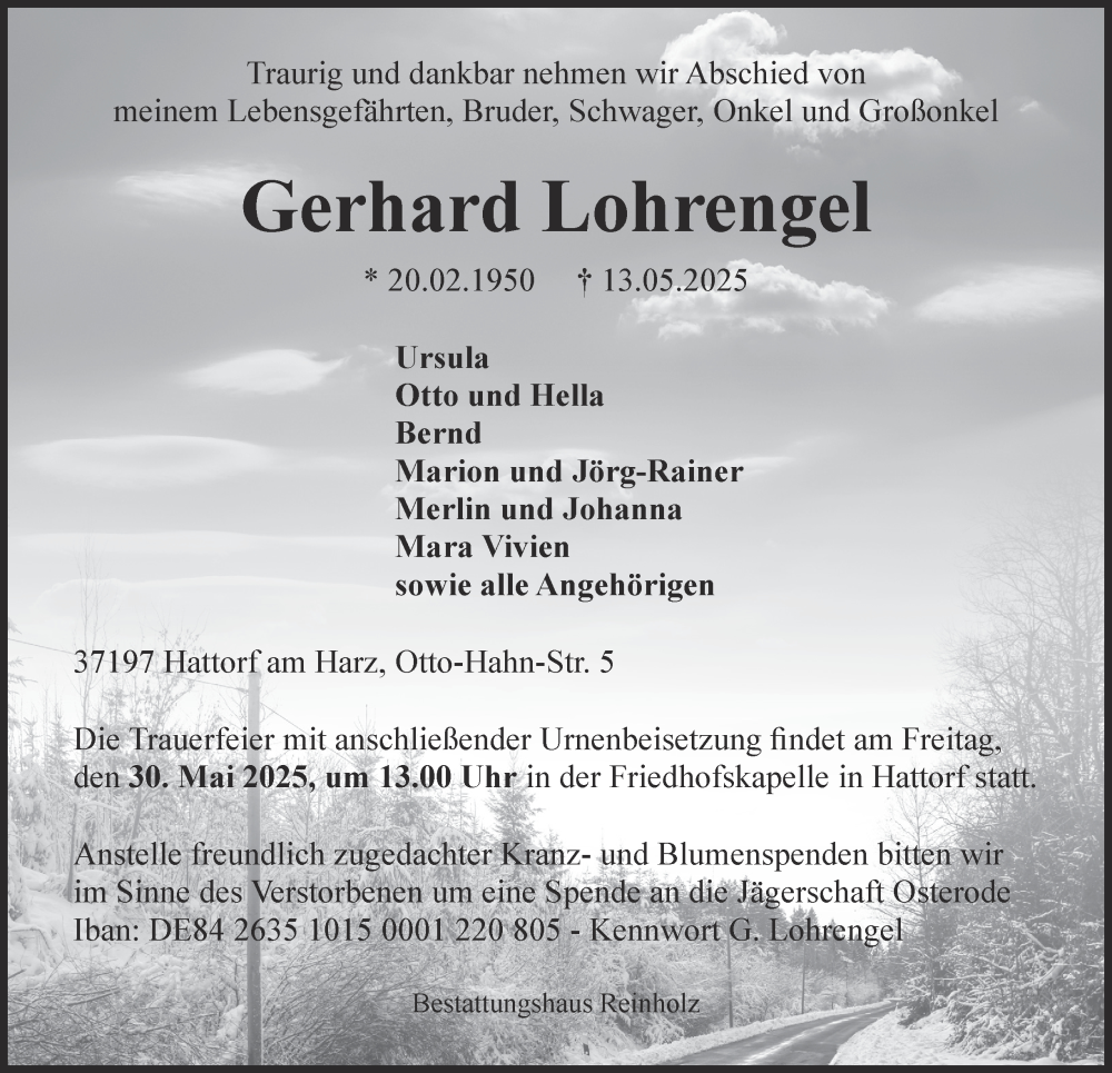  Traueranzeige für Gerhard Lohrengel vom 17.05.2025 aus Harz Kurier