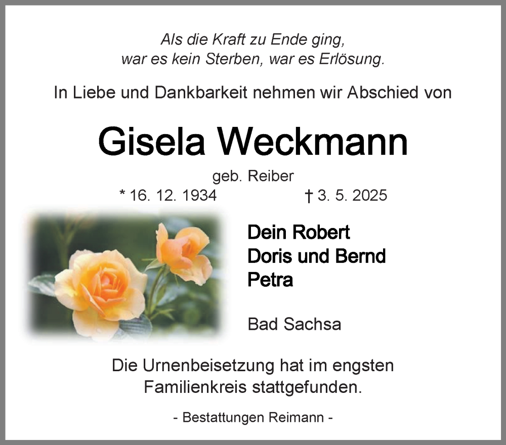 Traueranzeige für Gisela Weckmann vom 31.05.2025 aus Harz Kurier