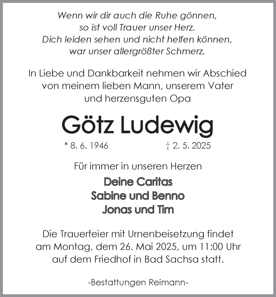  Traueranzeige für Götz Ludewig vom 10.05.2025 aus Harz Kurier