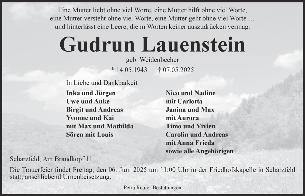  Traueranzeige für Gudrun Lauenstein vom 17.05.2025 aus Harz Kurier