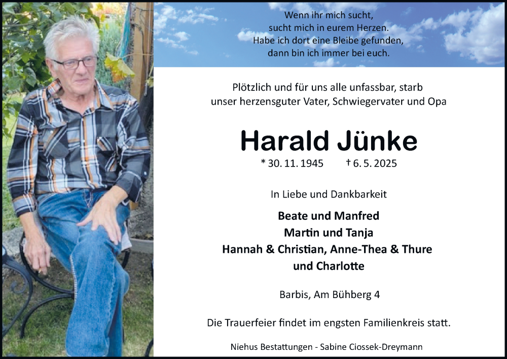  Traueranzeige für Harald Jünke vom 10.05.2025 aus Harz Kurier