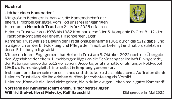 Traueranzeige von Heinrich Trust von Harz Kurier