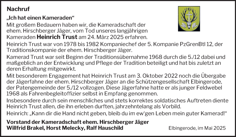  Traueranzeige für Heinrich Trust vom 03.05.2025 aus Harz Kurier