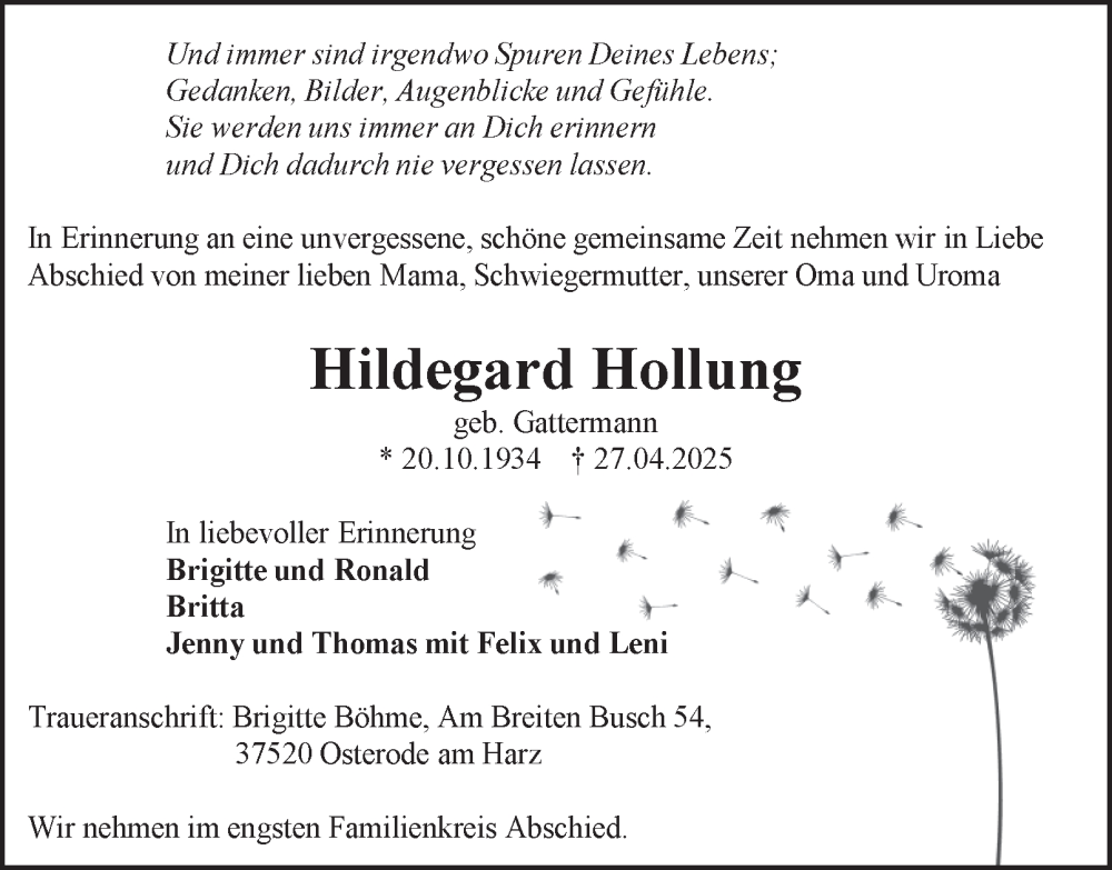  Traueranzeige für Hildegard Hollung vom 10.05.2025 aus Harz Kurier
