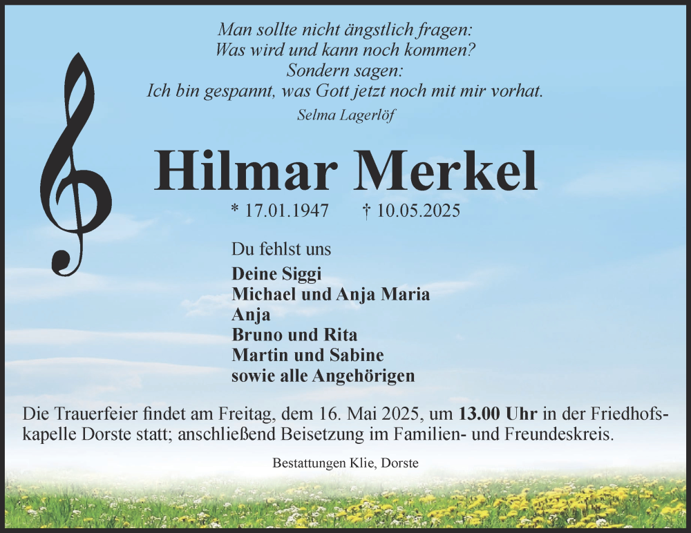  Traueranzeige für Hilmar Merkel vom 14.05.2025 aus Harz Kurier