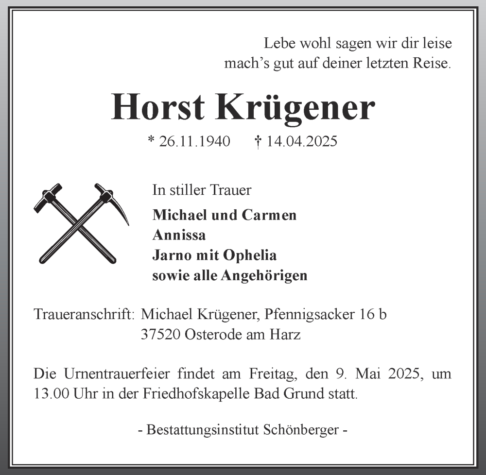  Traueranzeige für Horst Krügener vom 03.05.2025 aus Harz Kurier