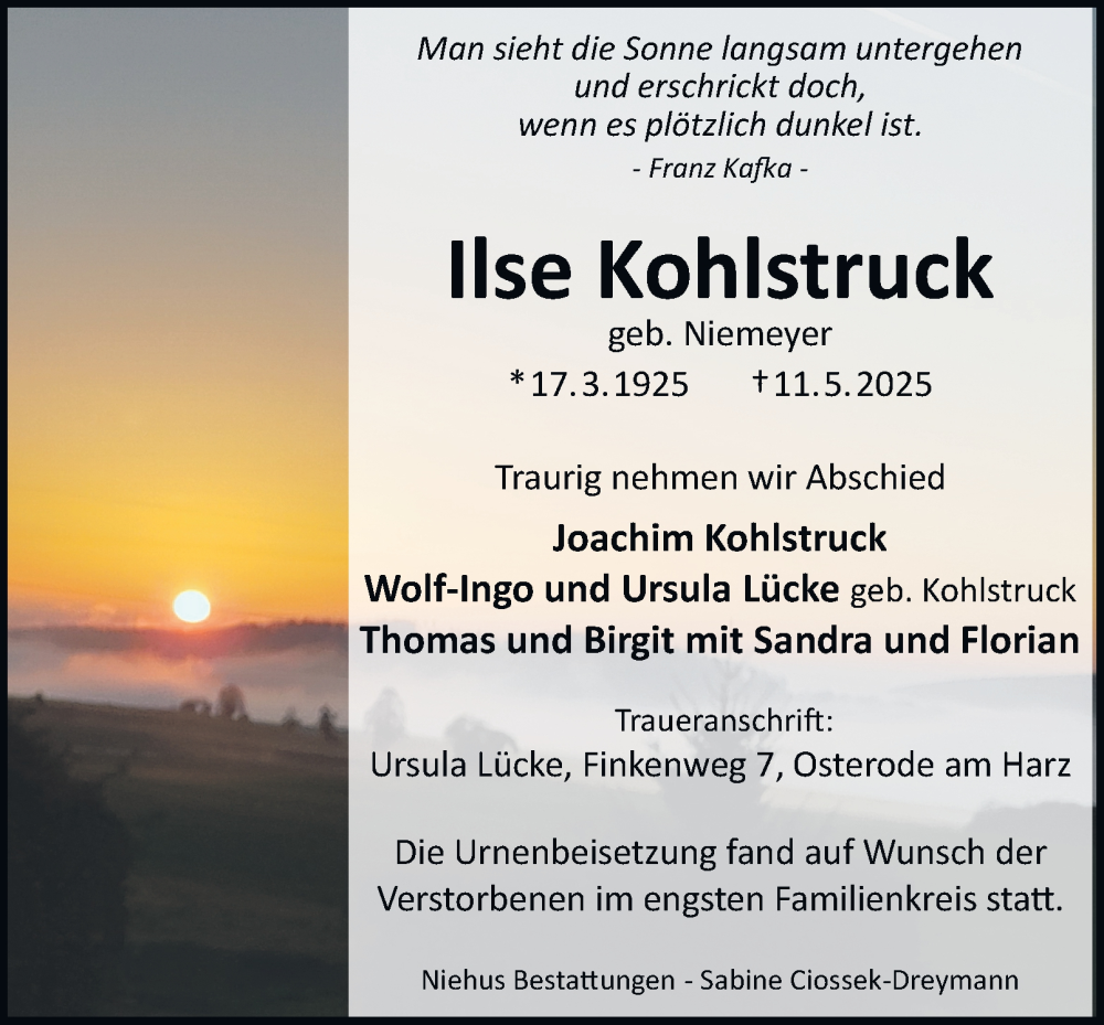  Traueranzeige für Ilse Kohlstruck vom 24.05.2025 aus Harz Kurier