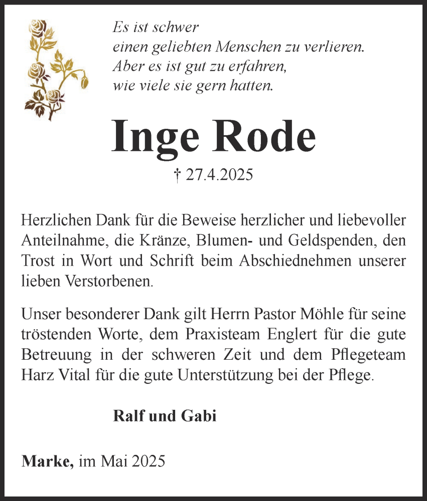  Traueranzeige für Inge Rode vom 31.05.2025 aus Harz Kurier