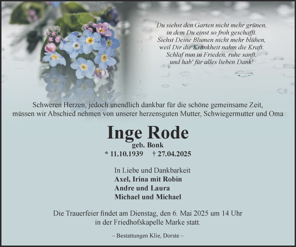  Traueranzeige für Inge Rode vom 03.05.2025 aus Harz Kurier