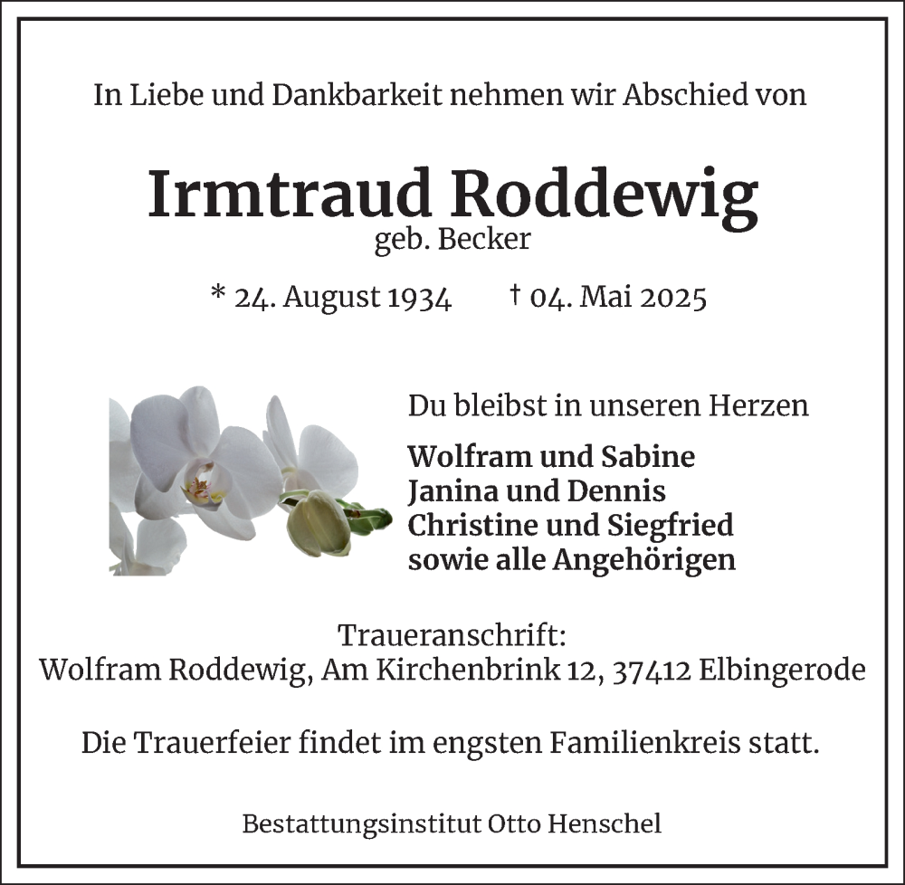  Traueranzeige für Irmtraud Roddewig vom 10.05.2025 aus Harz Kurier