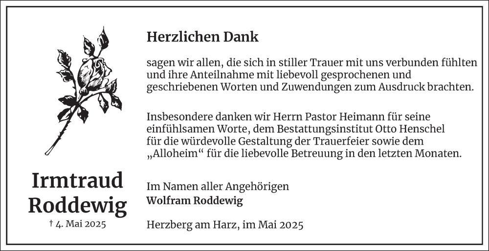  Traueranzeige für Irmtraud Roddewig vom 24.05.2025 aus Harz Kurier