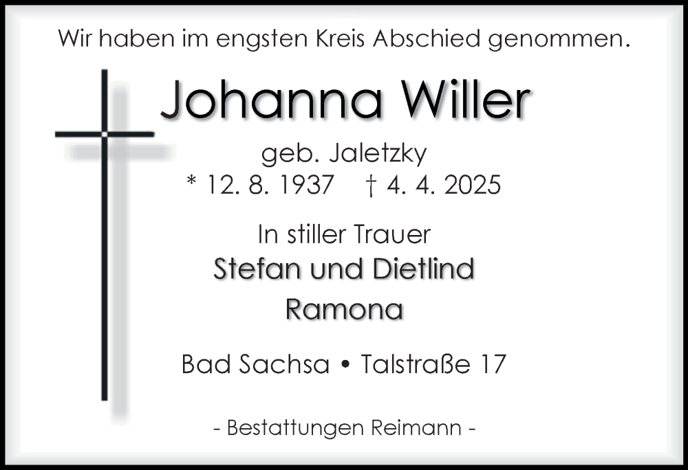  Traueranzeige für Johanna Willer vom 03.05.2025 aus Harz Kurier