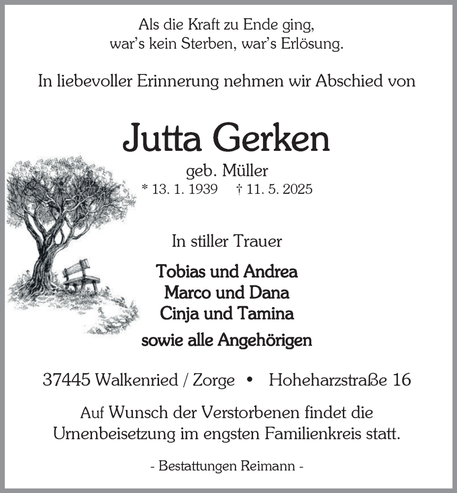  Traueranzeige für Jutta Gerken vom 17.05.2025 aus Harz Kurier