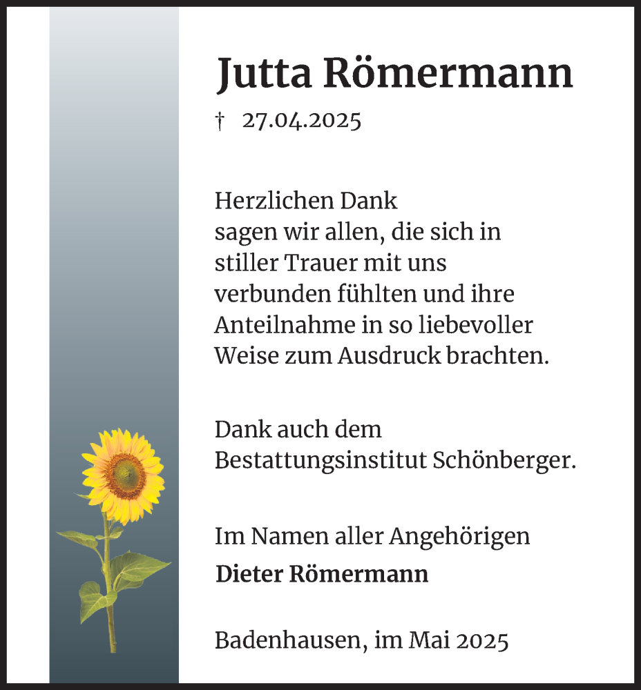  Traueranzeige für Jutta Römermann vom 31.05.2025 aus Harz Kurier