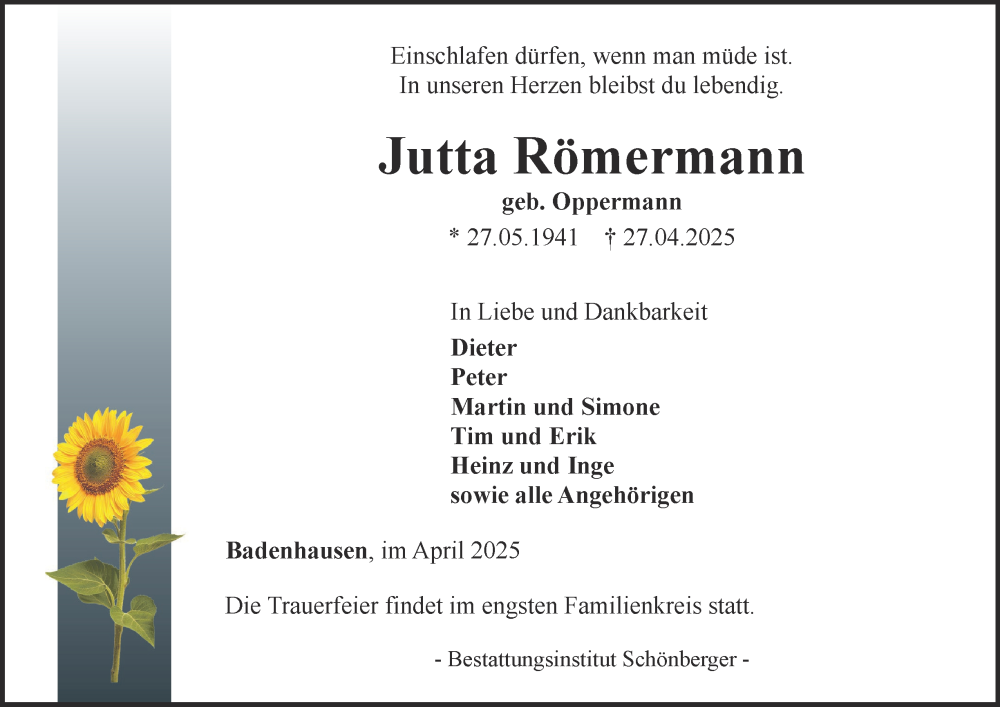  Traueranzeige für Jutta Römermann vom 10.05.2025 aus Harz Kurier