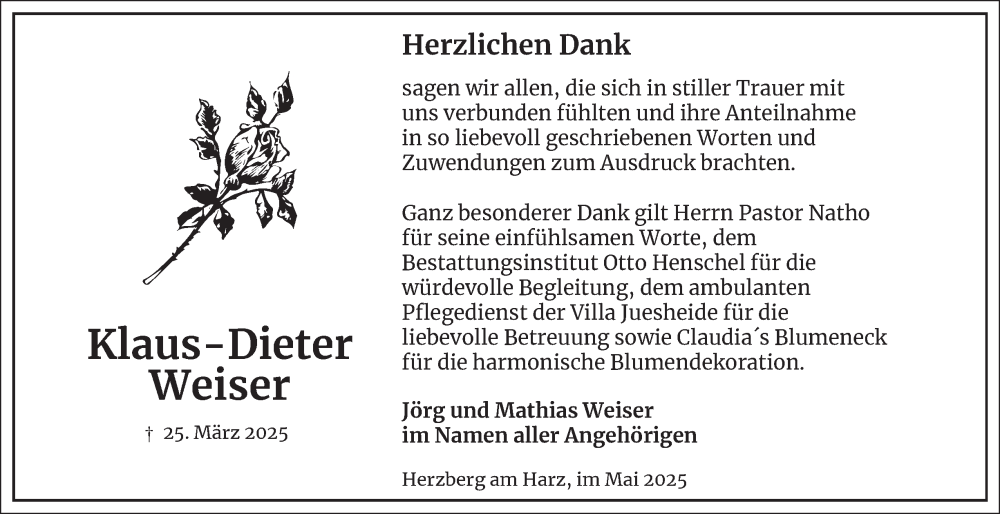  Traueranzeige für Klaus-Dieter Weiser vom 17.05.2025 aus Harz Kurier