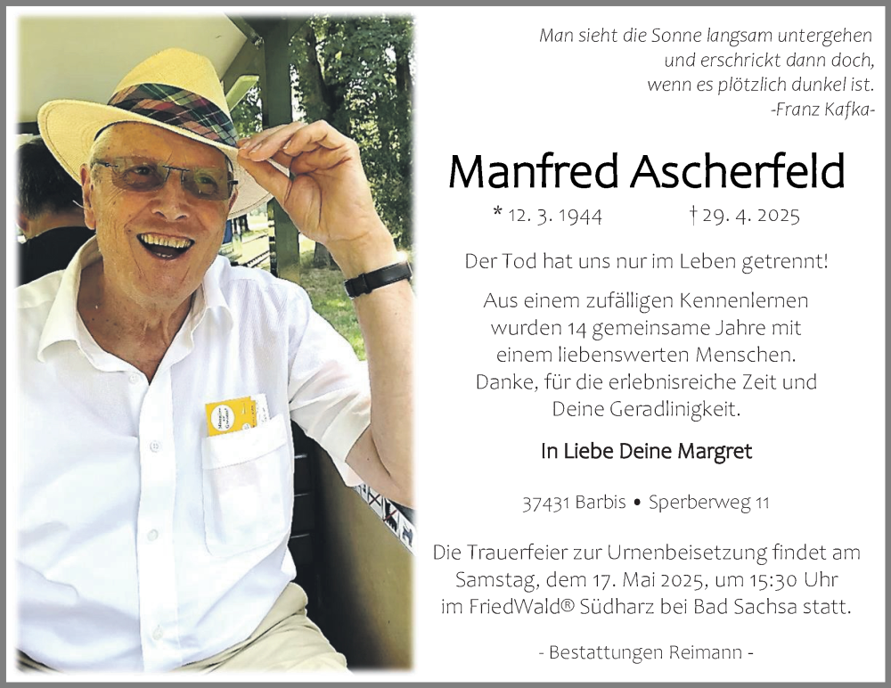  Traueranzeige für Manfred Ascherfeld vom 10.05.2025 aus Harz Kurier