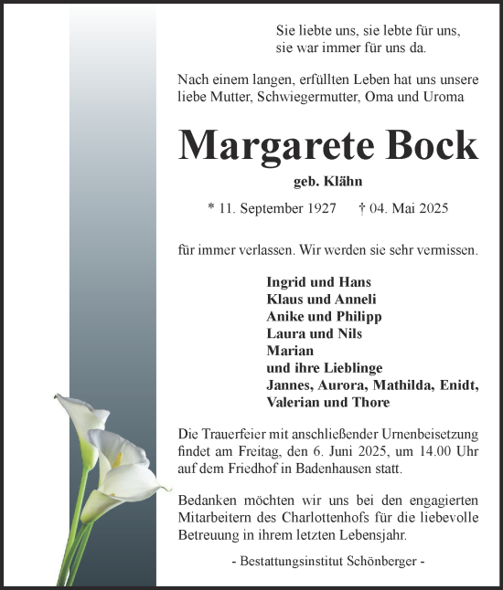 Traueranzeige von Margarete Bock von Harz Kurier