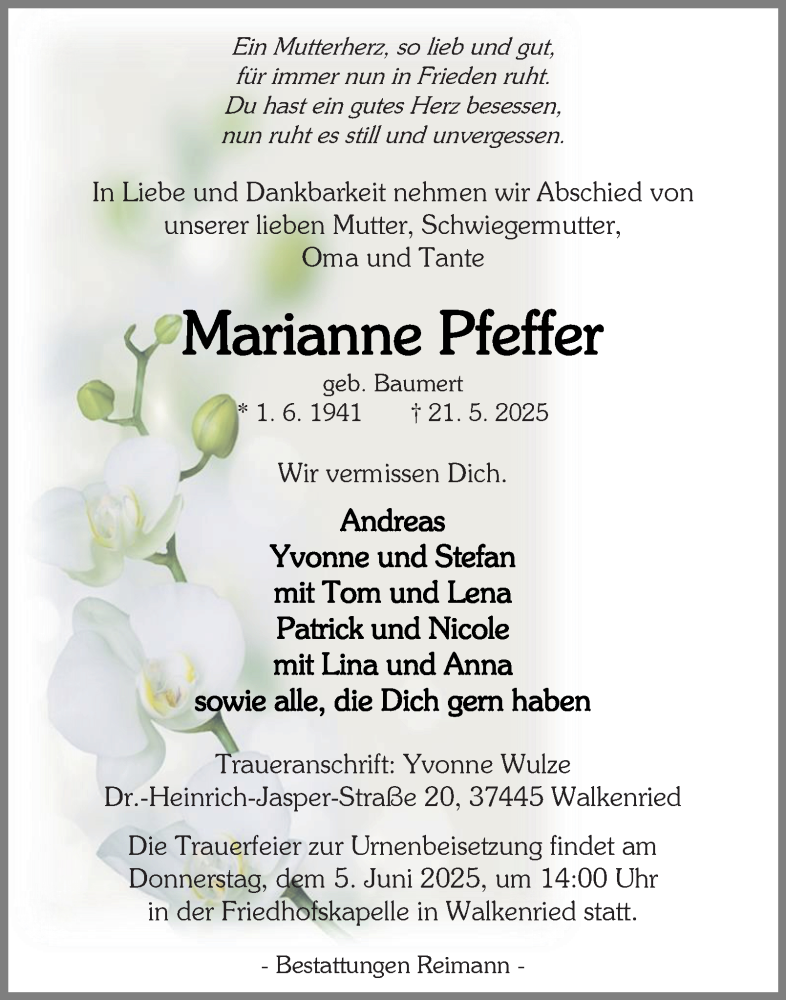  Traueranzeige für Marianne Pfeffer vom 31.05.2025 aus Harz Kurier