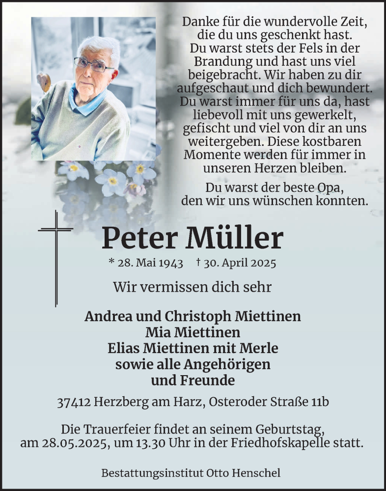  Traueranzeige für Peter Müller vom 10.05.2025 aus Harz Kurier