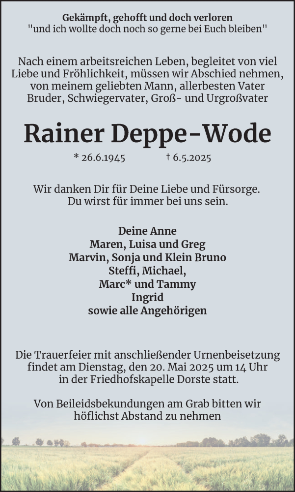  Traueranzeige für Rainer Deppe-Wode vom 17.05.2025 aus Harz Kurier