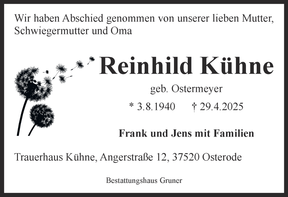  Traueranzeige für Reinhild Kühne vom 24.05.2025 aus Harz Kurier