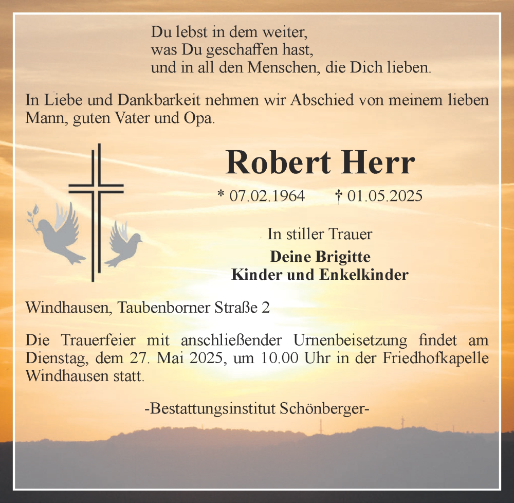  Traueranzeige für Robert Herr vom 17.05.2025 aus Harz Kurier