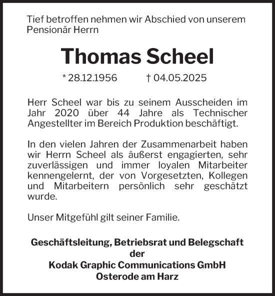 Traueranzeige von Thomas Scheel von Harz Kurier