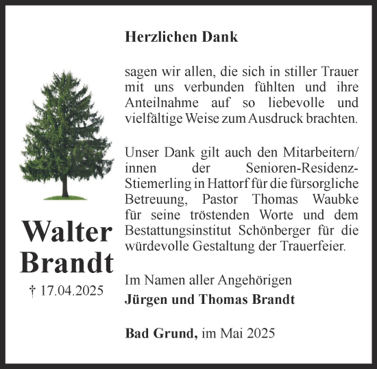Traueranzeige von Walter Brandt von Harz Kurier