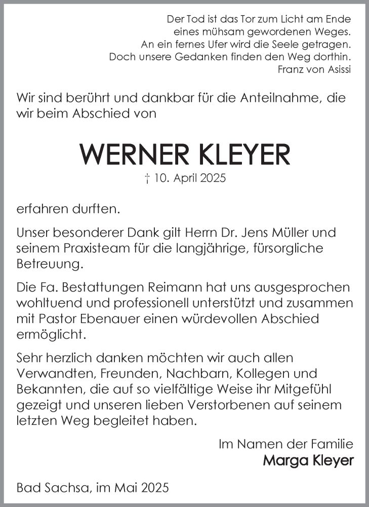  Traueranzeige für Werner Kleyer vom 10.05.2025 aus Harz Kurier