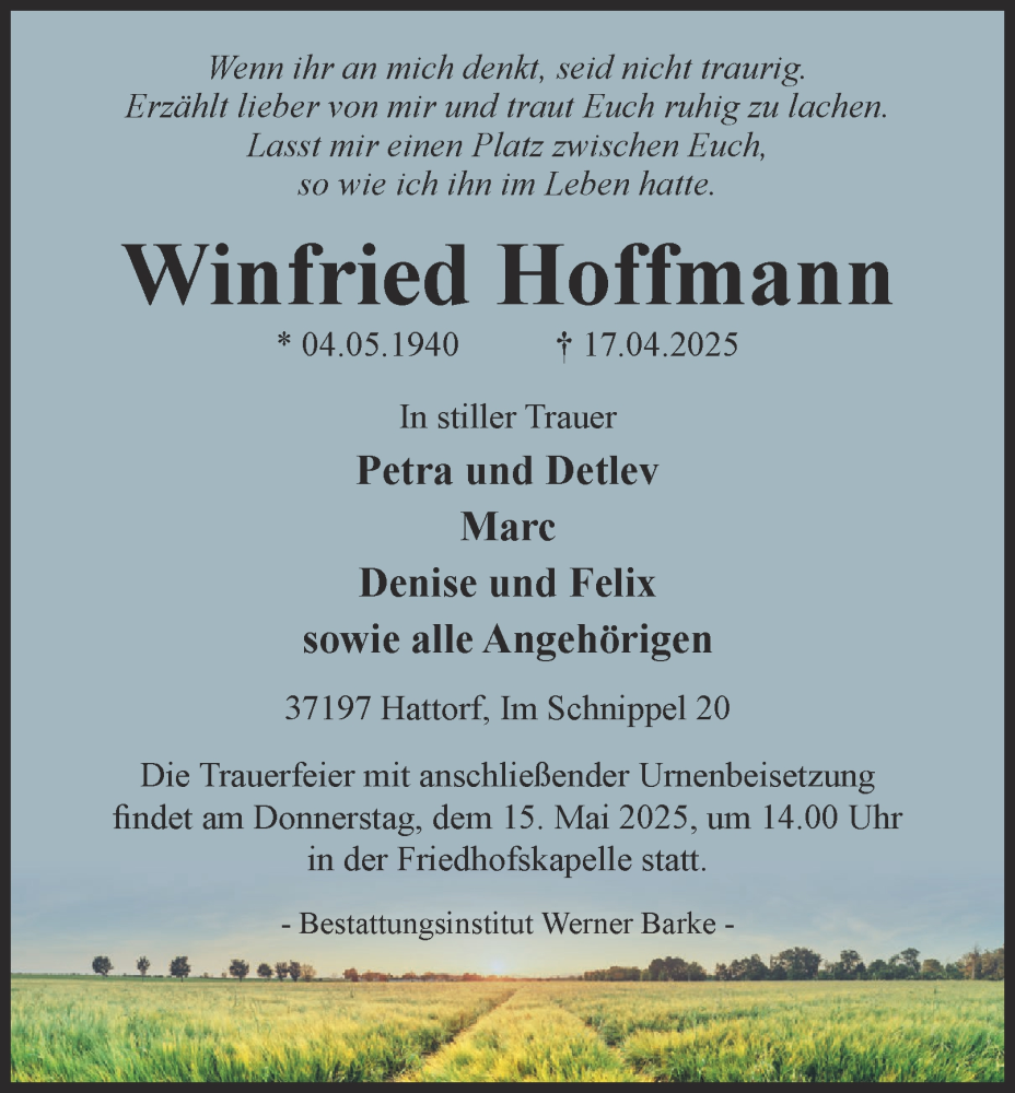  Traueranzeige für Winfried Hoffmann vom 10.05.2025 aus Harz Kurier