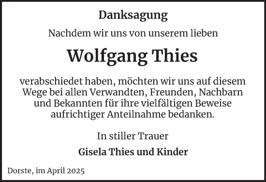Traueranzeige von Wolfgang Thies von Harz Kurier