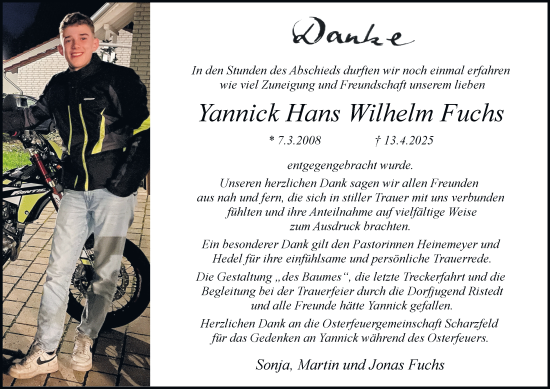 Traueranzeige von Yannick Hans Wilhelm Fuchs von Harz Kurier
