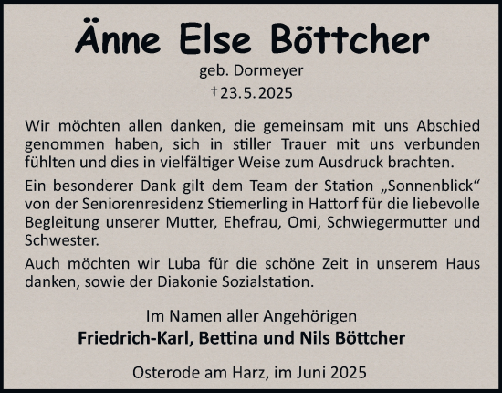Traueranzeige von Änne Else Böttcher von Harz Kurier