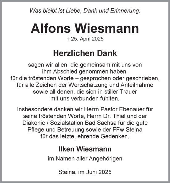 Traueranzeige von Alfons Wiesmann von Harz Kurier