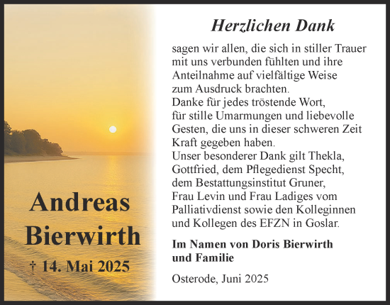 Traueranzeige von Andreas Bierwirth von Harz Kurier