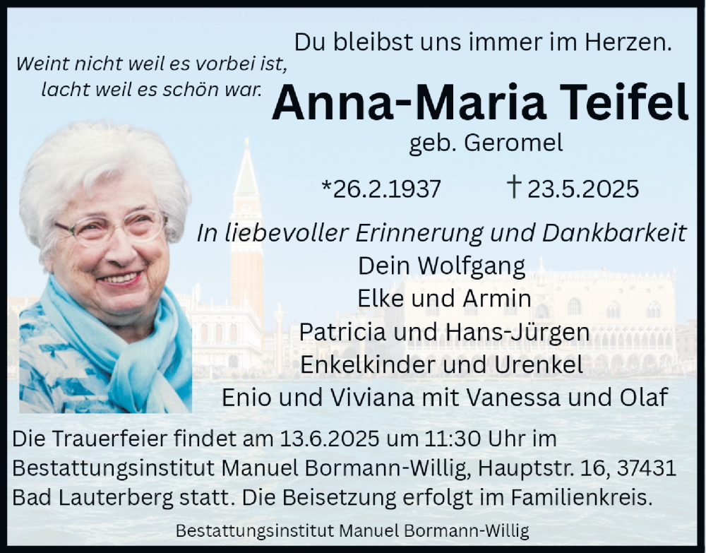  Traueranzeige für Anna-Maria Teifel vom 07.06.2025 aus Harz Kurier