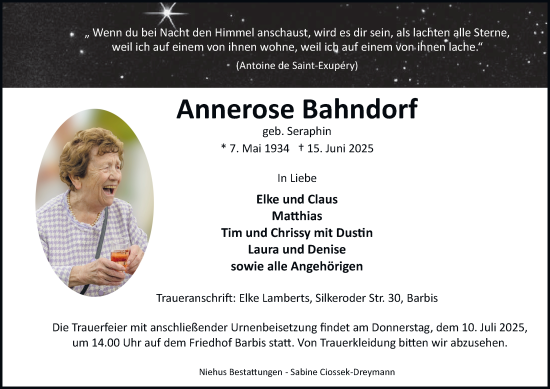 Traueranzeige von Annerose Bahndorf von Harz Kurier