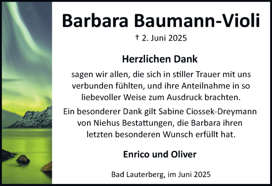 Traueranzeige von Barbara Baumann-Violi von Harz Kurier