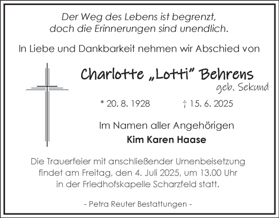 Traueranzeige von Charlotte Behrens von Harz Kurier