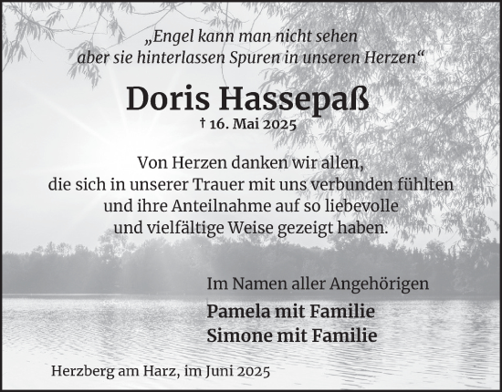 Traueranzeige von Doris Hassepaß von Harz Kurier