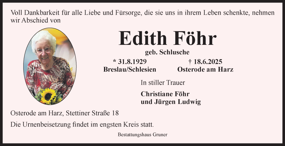 Traueranzeige für Edith Föhr vom 28.06.2025 aus Harz Kurier