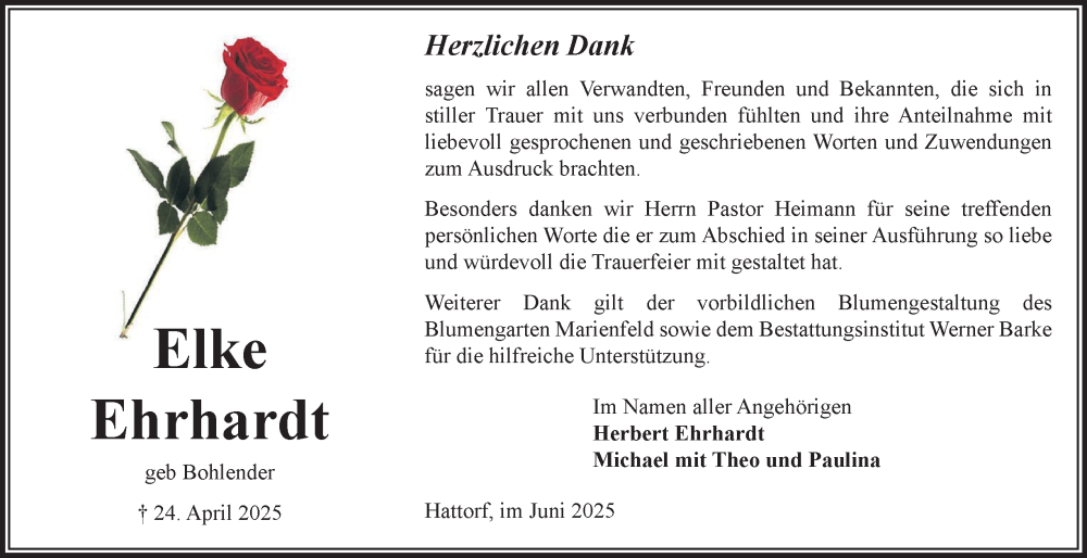  Traueranzeige für Elke Ehrhardt vom 07.06.2025 aus Harz Kurier