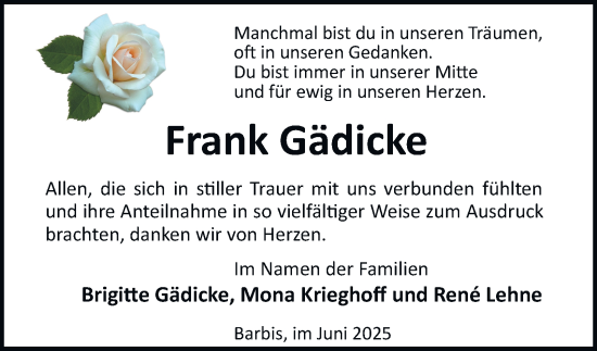 Traueranzeige von Frank Gädicke von Harz Kurier