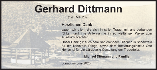 Traueranzeige von Gerhard Dittmann von Harz Kurier