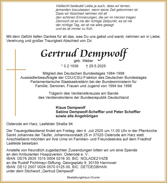 Traueranzeige von Gertrud Dempwolf von Harz Kurier