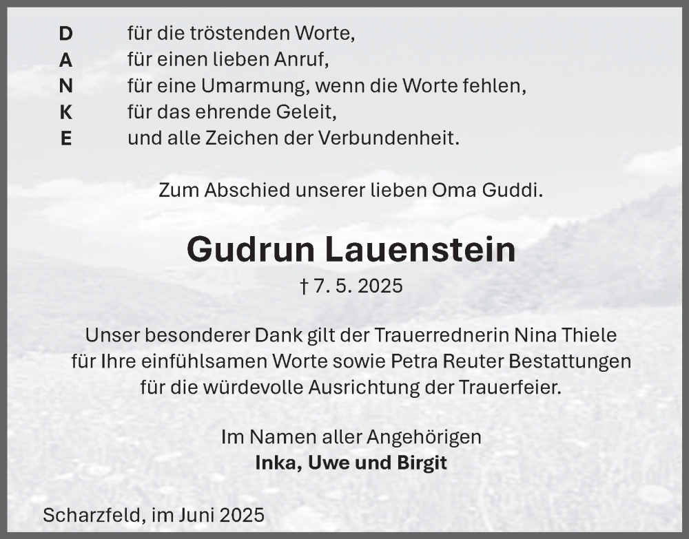 Traueranzeige für Gudrun Lauenstein vom 21.06.2025 aus Harz Kurier