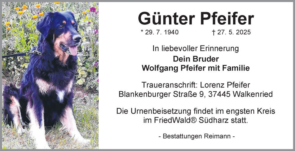  Traueranzeige für Günter Pfeifer vom 03.06.2025 aus Harz Kurier