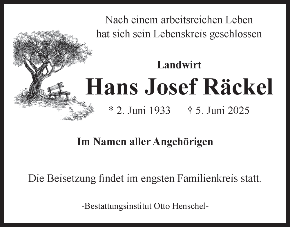  Traueranzeige für Hans Josef Räckel vom 28.06.2025 aus Harz Kurier