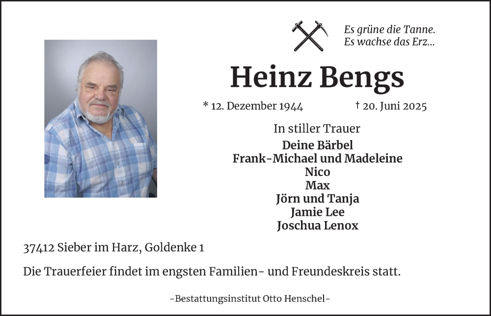  Traueranzeige für Heinz Bengs vom 26.06.2025 aus Harz Kurier